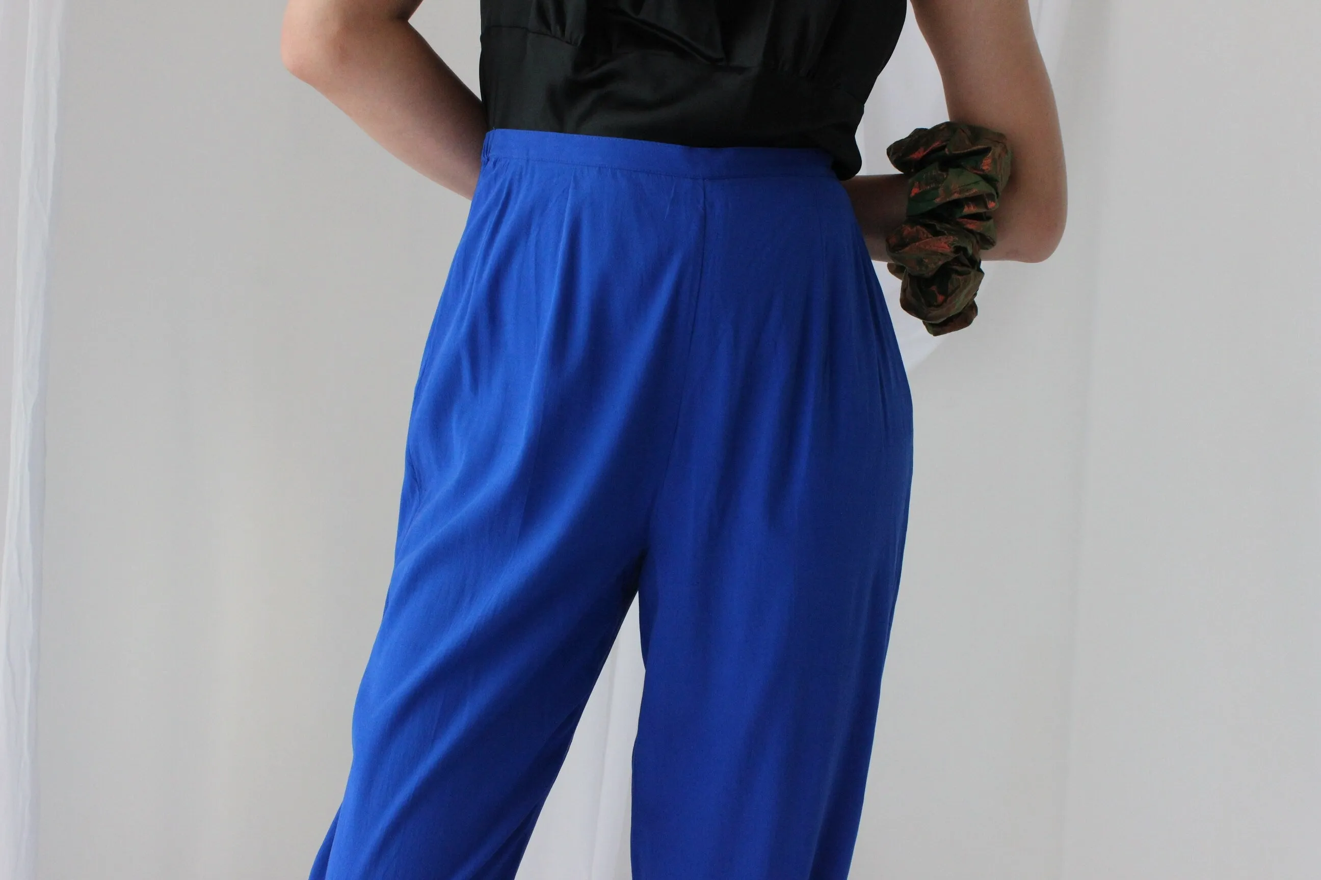80s Pure Silk Cobalt Blue Relaxed Tapered Trousers