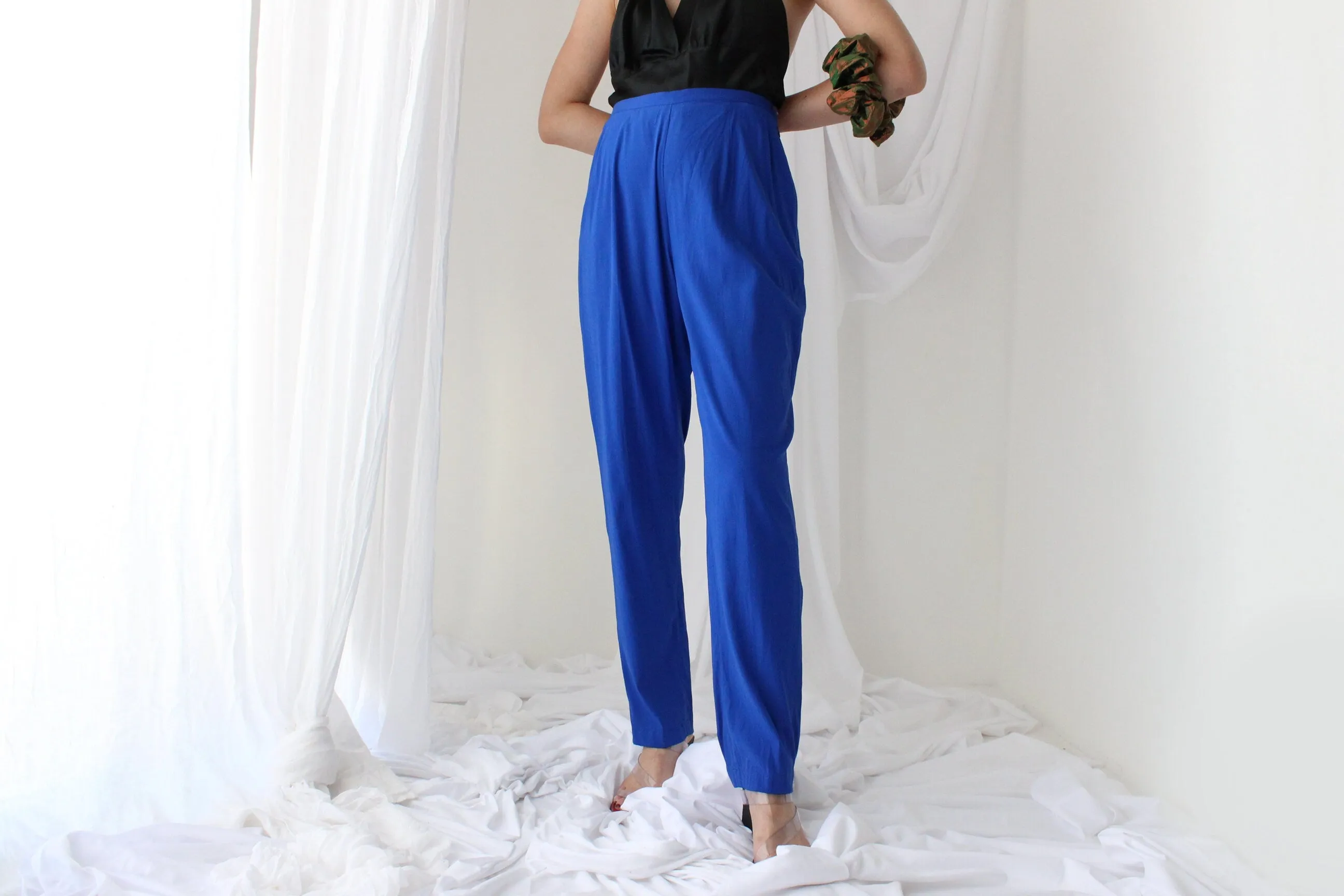 80s Pure Silk Cobalt Blue Relaxed Tapered Trousers