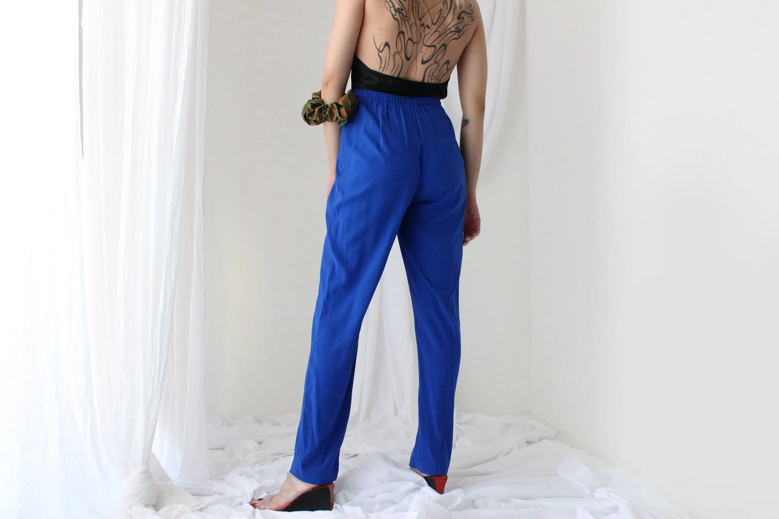 80s Pure Silk Cobalt Blue Relaxed Tapered Trousers