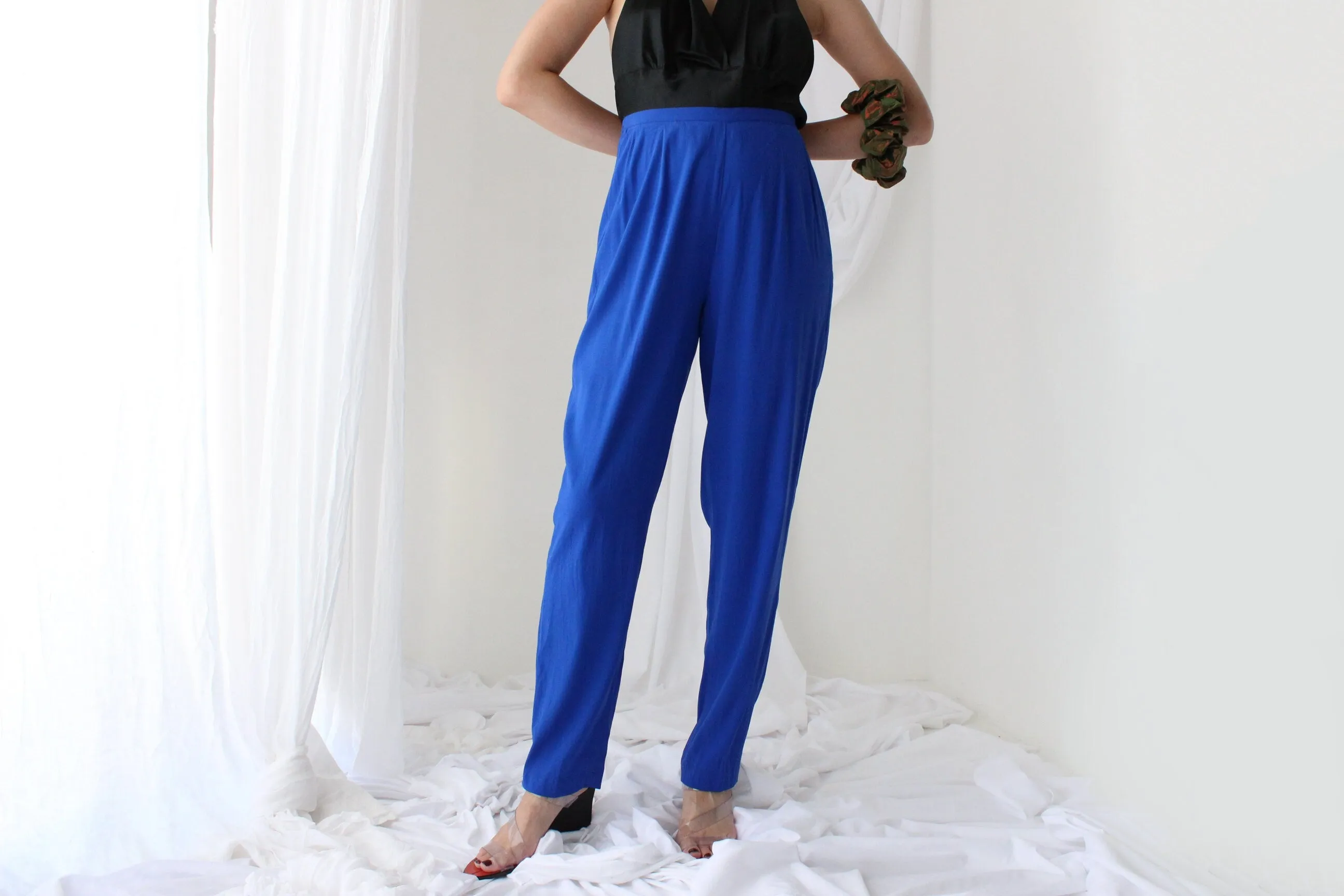80s Pure Silk Cobalt Blue Relaxed Tapered Trousers