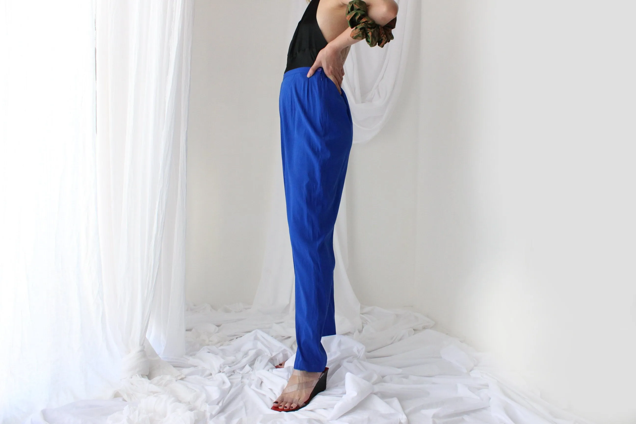 80s Pure Silk Cobalt Blue Relaxed Tapered Trousers