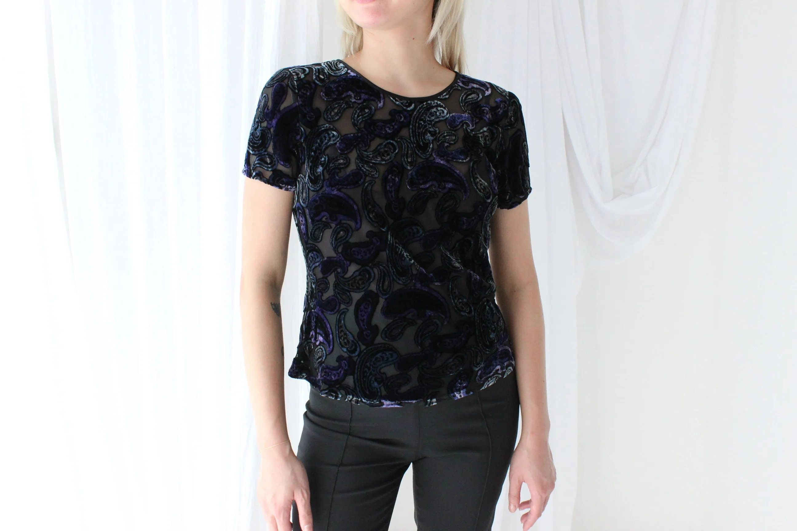 90s Silk Velvet Paisley Burnout Bias Cut Tee