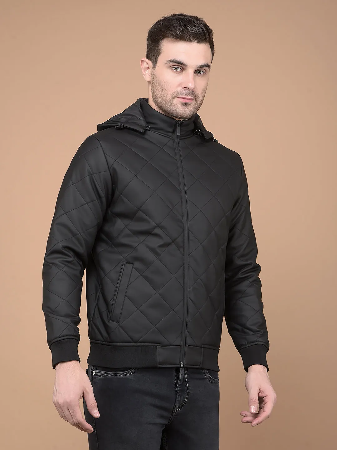 Black Hooded Neck Puffer Jacket