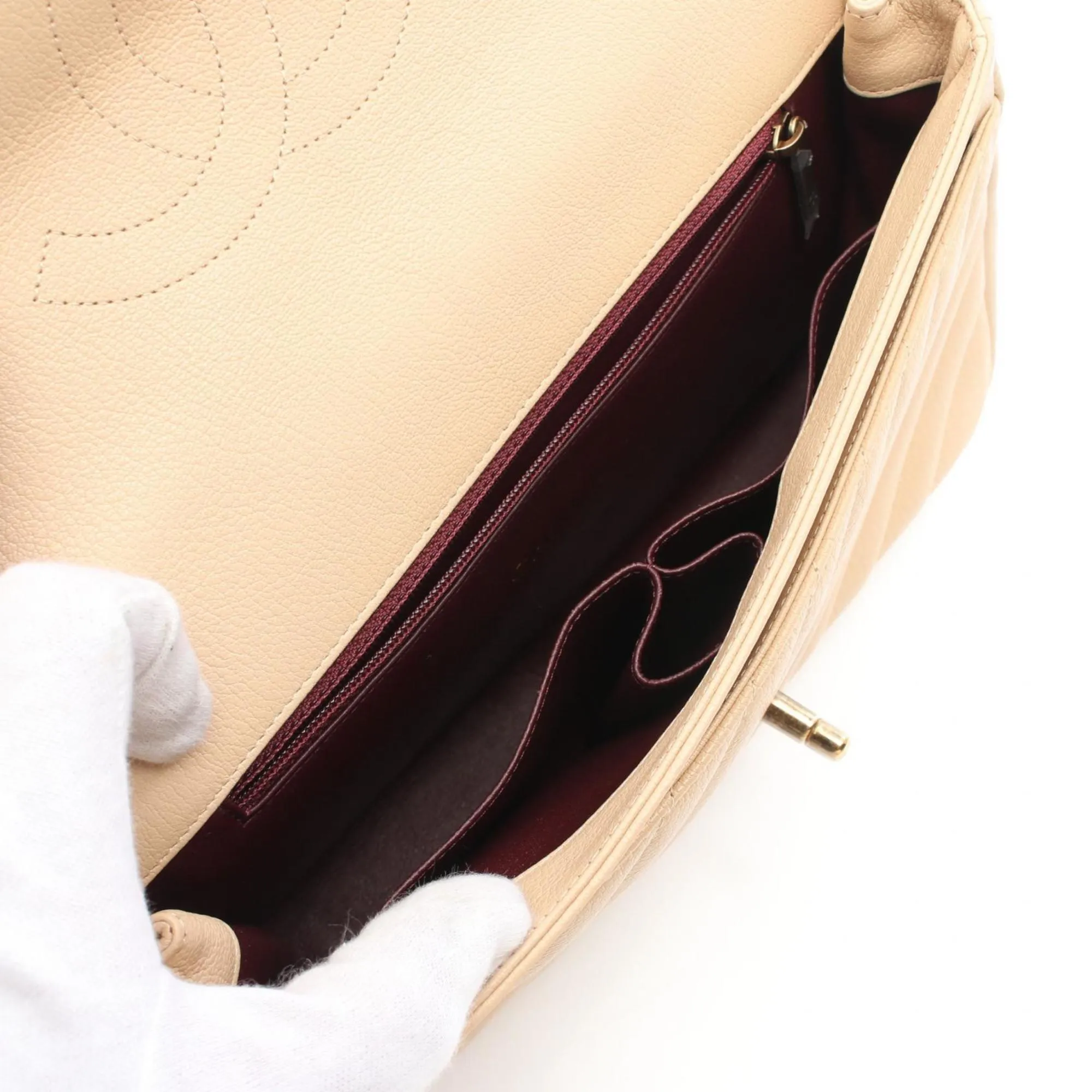 CHANEL Diagonal Quilted Flap Shoulder Bag, Goatskin, Women's, Beige