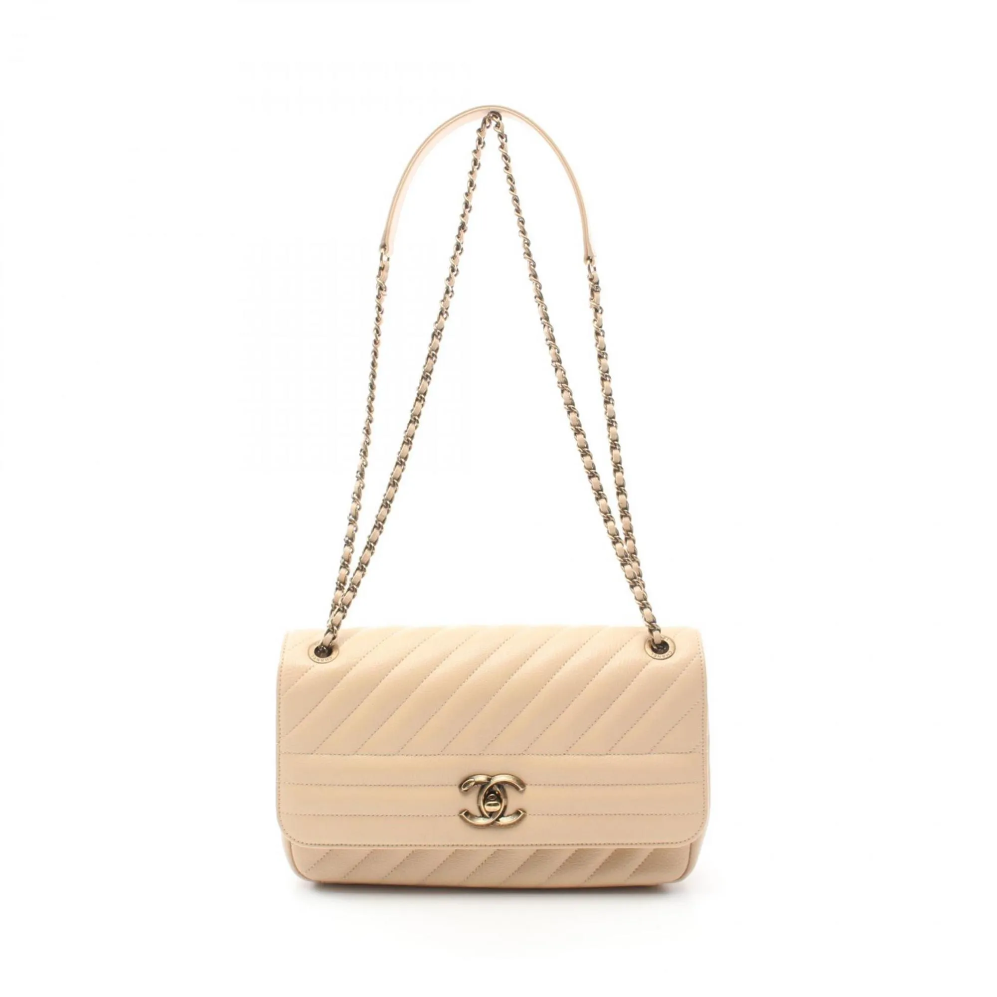 CHANEL Diagonal Quilted Flap Shoulder Bag, Goatskin, Women's, Beige