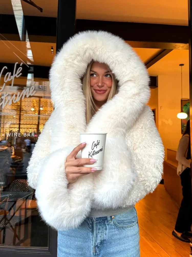 christmas outfit Sonicelife Chic White Women's Cropped Faux Fur Jacket With Hood Fashion Thick Warm Fluffy Plush Short Coat Winter Thermal Female Streetwear