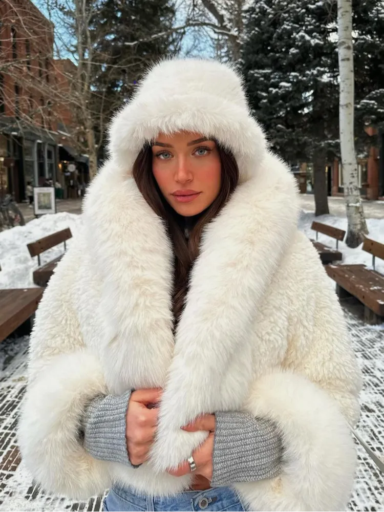 christmas outfit Sonicelife Chic White Women's Cropped Faux Fur Jacket With Hood Fashion Thick Warm Fluffy Plush Short Coat Winter Thermal Female Streetwear