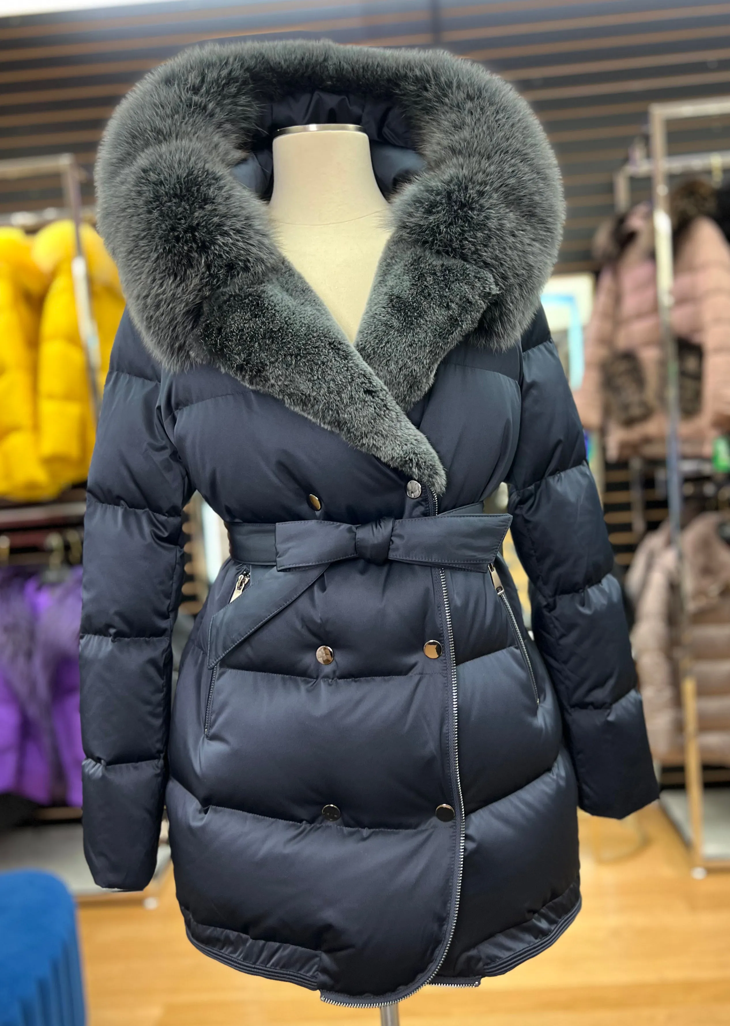 Genuine Silver Fox and Rex Rabbit Fur Down Fill Coat