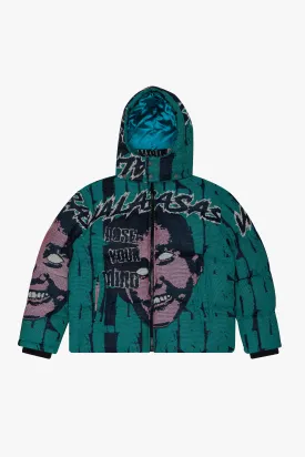 "WARMTH OF WONDER" DEEP PEACOCK BLUE TAPESTRY PUFFER JACKET