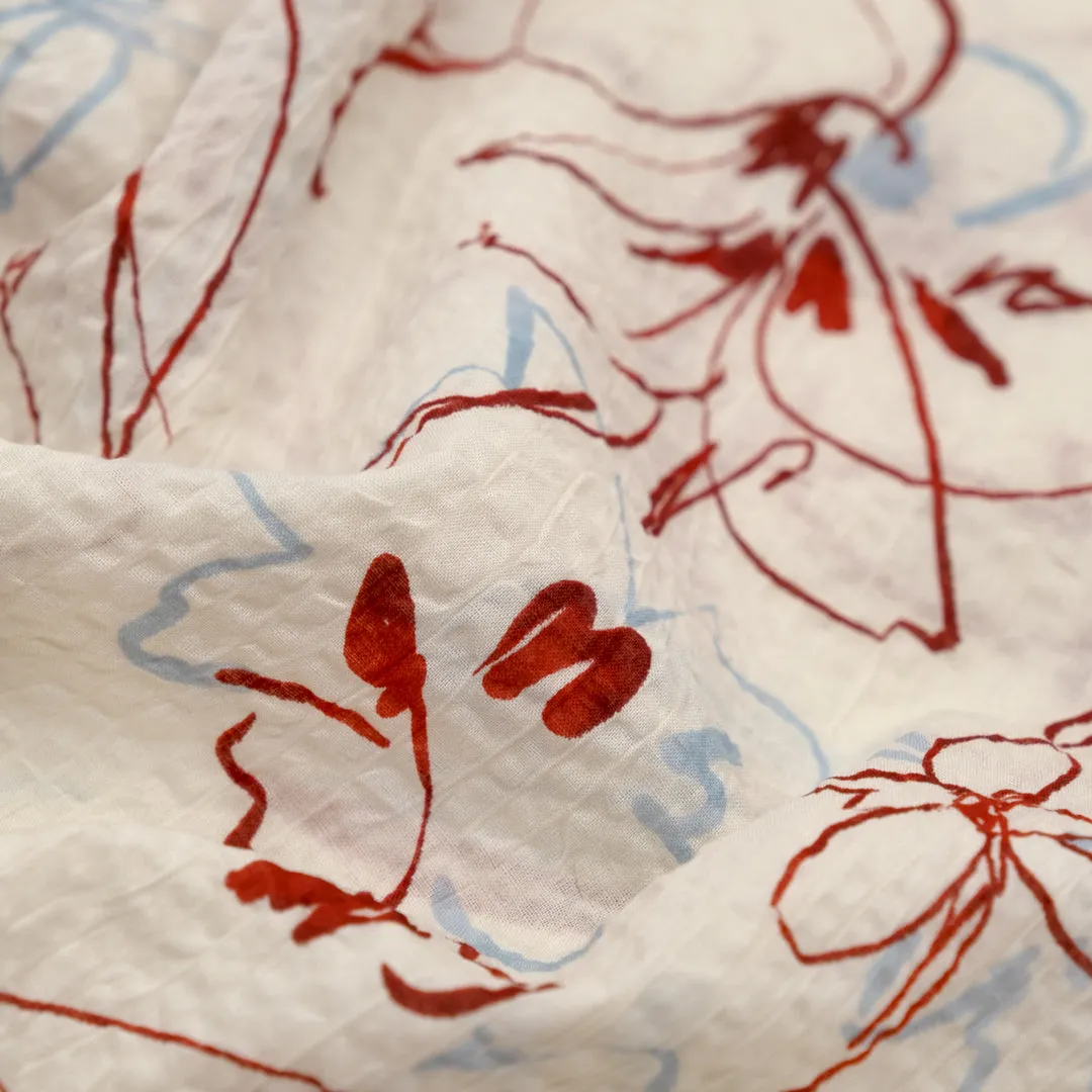 Remnant - 1.7m - Garden Doodles Crinkle Cotton - Ivory/Red/Blue