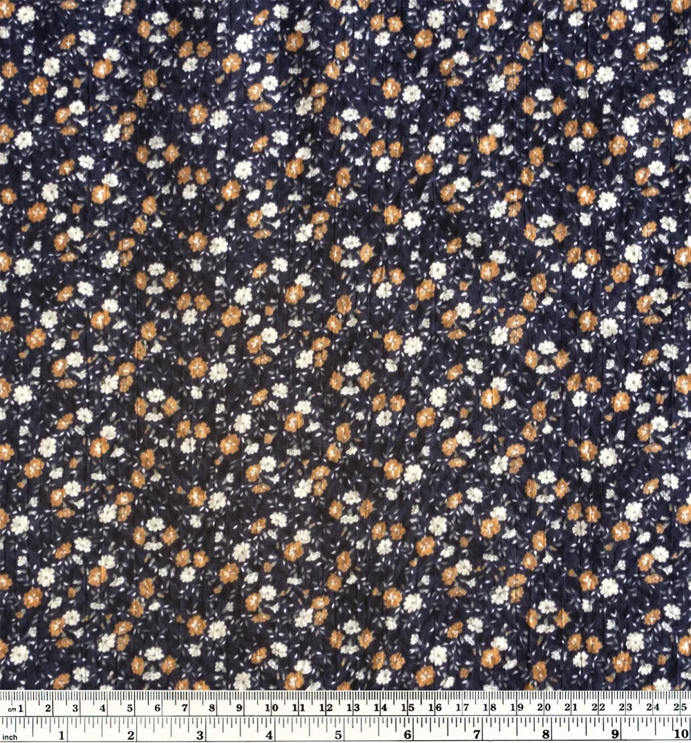 Remnant - 1.7m - Prairie Floral Crinkle Cotton - Navy/Biscuit/White