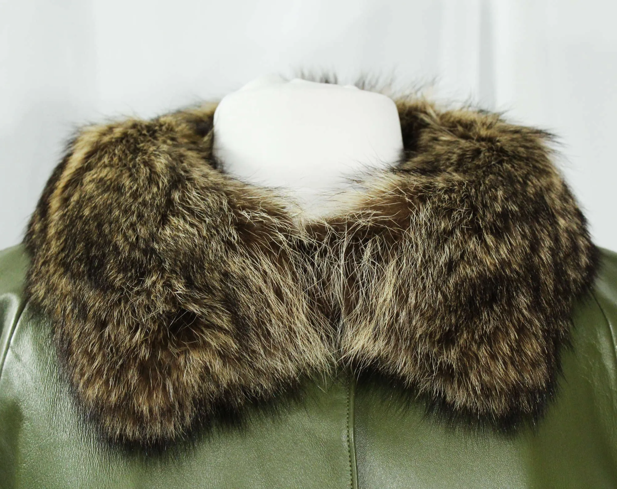 Size 10 Bonnie Cashin Leather Coat - 1960s Haute Designer Overcoat with Posh Fur Trim & Pockets - Spinach Green - Brass Toggles - Bust 36