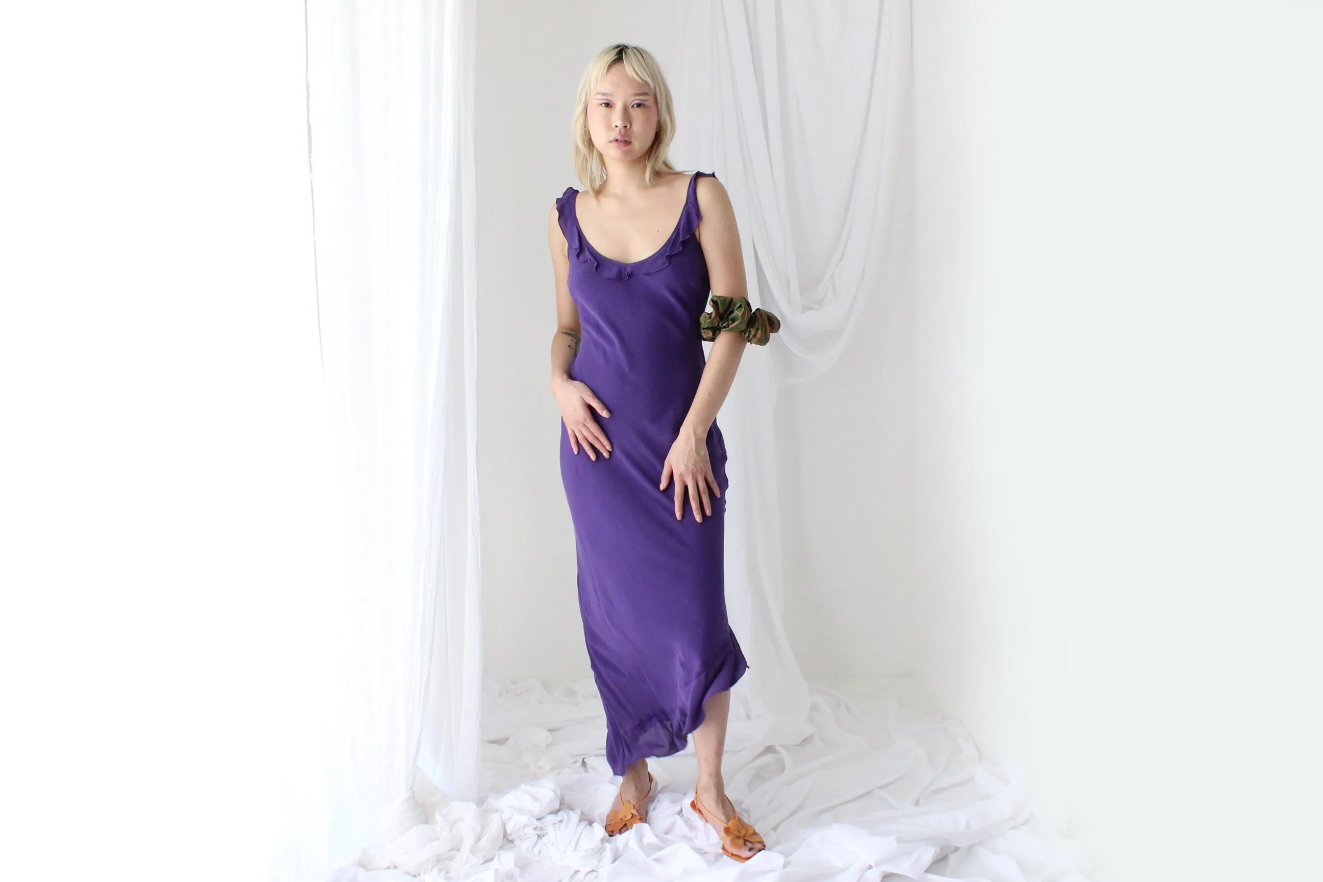 Sultry Y2K PURE SILK Plunge Ruffle Neck Bias Cut Dress