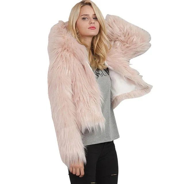 Winter Hooded Fur Coat - Women Warm Long Sleeve Outerwear Solid Faux Fur Jacket