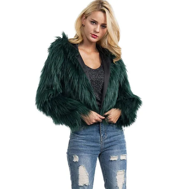 Winter Hooded Fur Coat - Women Warm Long Sleeve Outerwear Solid Faux Fur Jacket