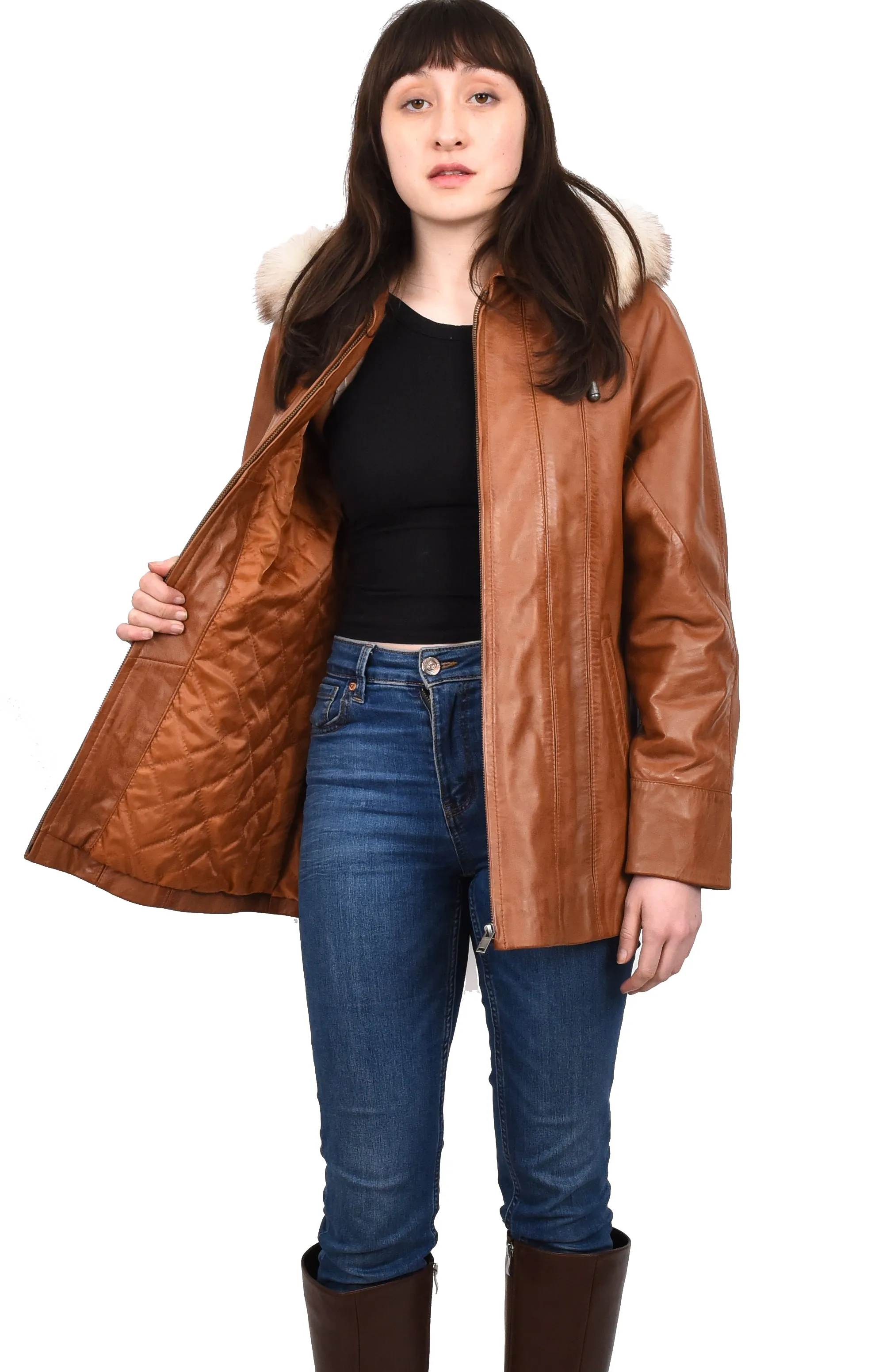 Women's Real Leather Coat with Fur Hood Winter Tan Chicora