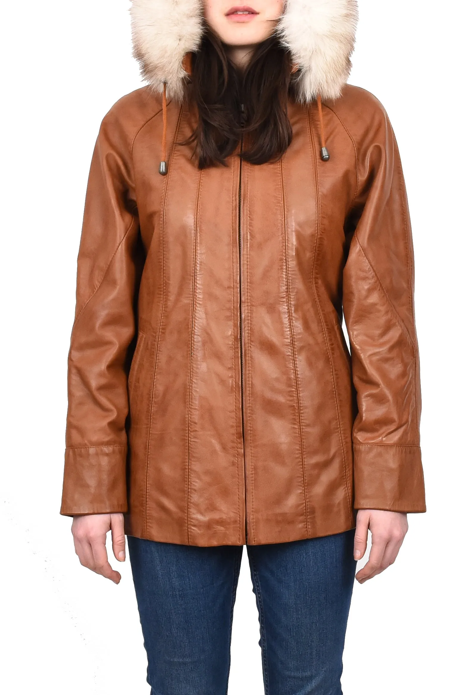 Women's Real Leather Coat with Fur Hood Winter Tan Chicora