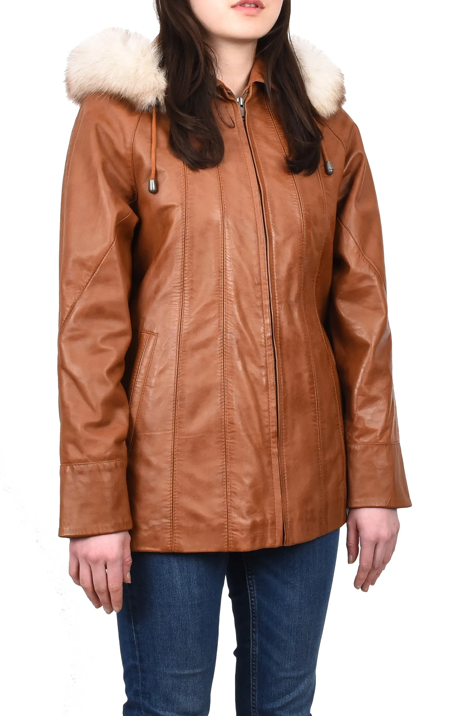 Women's Real Leather Coat with Fur Hood Winter Tan Chicora